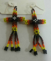 Native American Dangle Beaded CROSS Earrings Cut Glass Beads Yellow Blac... - $34.99