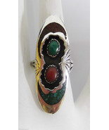 Sterling Silver Turquoise Coral Ladie&#39;s Ring Size 7 Shadowbox Inlay Sara... - $129.99