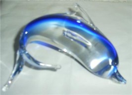 GLASS ART MURANO SERENE BLUE DOLPHINS ON SIDE GLASS - $84.39
