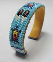 Native American Blue Beaded Cuff Bracelet Turtle Eagle Feather Design - £48.06 GBP