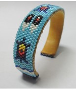Native American Blue Beaded Cuff Bracelet Turtle Eagle Feather Design - $82.27 CAD