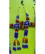 Native American Beaded CROSS Earrings 2&quot; Long Dangle Glass Bead Kiowa Ha... - $47.85 CAD