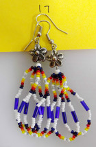 Native American Beaded Glass Dangle Earrings 2&quot; Blue White Flower Semino... - €21,86 EUR
