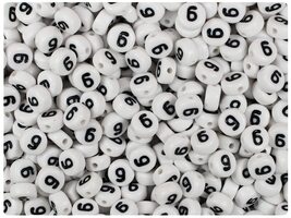 BeadTin White Opaque 7mm Coin Alpha Plastic Beads - Black Number 6 or 9 ... - $2.09