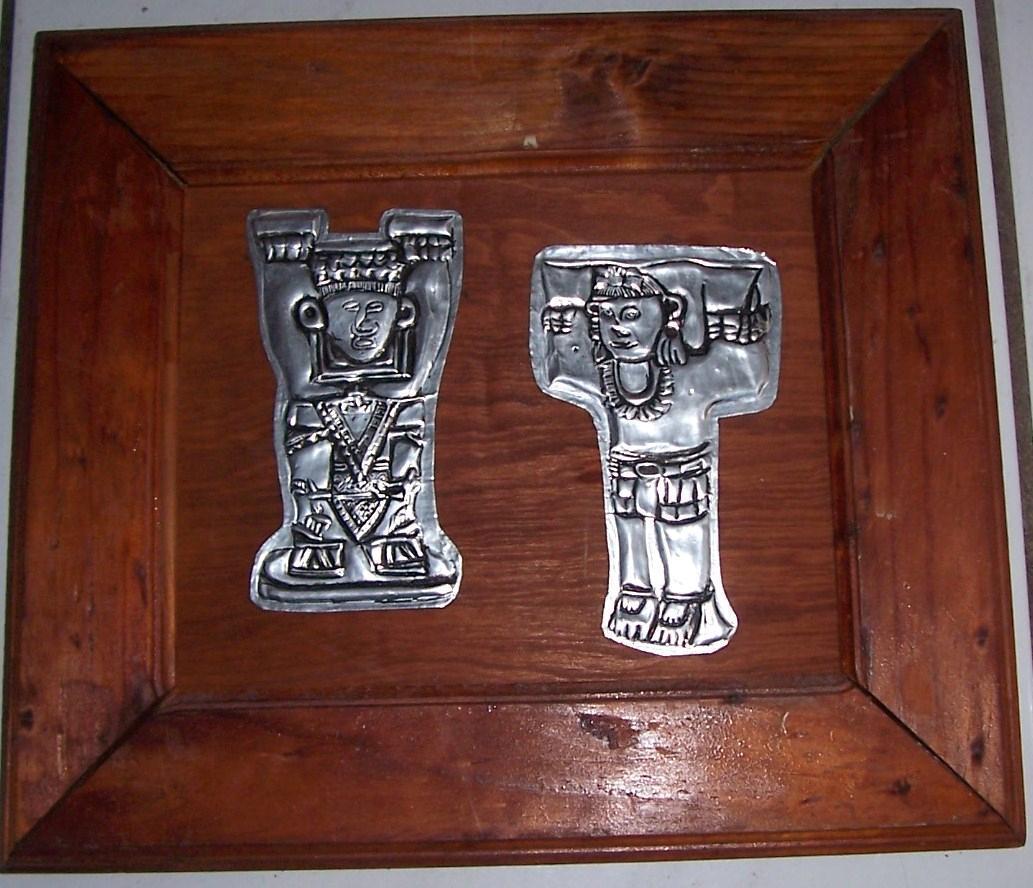Hand Made Silver Aluminum Metal Native Art on Wood Frame -Yucatan Mexico Latino  - $377.24
