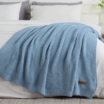 Plush Blue Throw Blanket For Couch, Lightweight Soft Knitted Chenille, 50&quot; X 60&quot; - £32.29 GBP