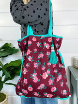 Drawstring Cotton Market Tote Shopping Bag Maroon Pink Aqua - £22.95 GBP