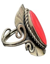 Vintage Ring Native American Style Red Stone Silver Tone Adjustable Cuff Band - £19.28 GBP