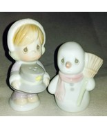 Christmas Table Decor Precious Moments Snowman &amp; Girl Salt &amp; Pepper Shak... - $19.99