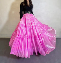 Hot Pink Fluffy Satin Maxi Skirt Women Custom Plus Size Tiered Satin Party Skirt image 1