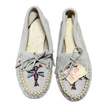 Cherokees Qualla Moccasins Grey Smooth Sole Beaded Thunderbird Slip On Loafers 8 - £36.76 GBP