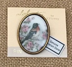New Vintage Sparrow Oval Porcelain Floral Bird Brooch Pin Jewerly USA Made - $11.88