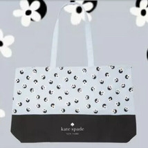 Kate Spade Grayish Blue &amp; Navy Canvas Tote Polka Dot Flower 25&quot; x 15&quot; - £30.95 GBP
