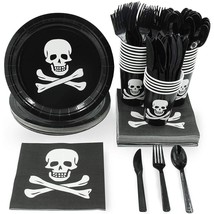 144-Pcs Pirate Party Supplies With Plates, Napkins, Cups And Cutlery, Serves 24 - £32.58 GBP