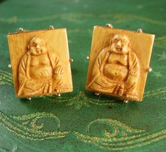 Rare Hand Carved Wooden Buddha Cufflinks Vintage Siddhartha Gautama Religious Sp - $125.00