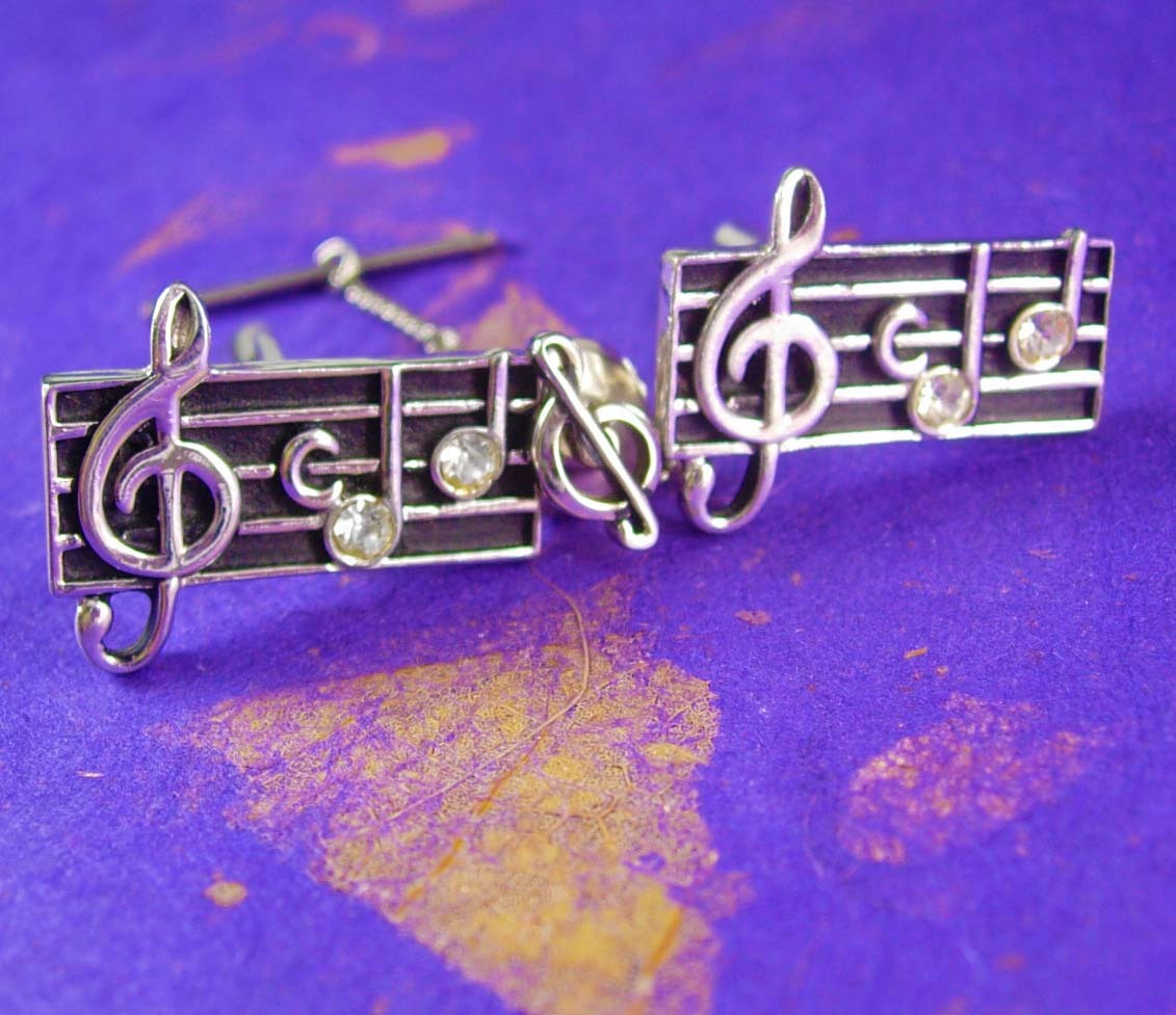Primary image for Music Cufflinks Vintage Treble clef Staff musical notes with Rhinestones Cuff Li