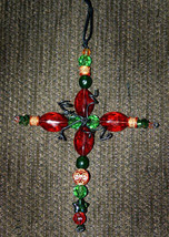Handmade Amber and Green Beaded Cross Christmas Ornament - $5.00