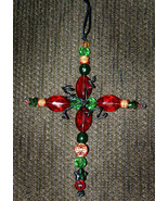 Handmade Amber and Green Beaded Cross Christmas Ornament - £3.73 GBP