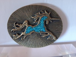 Vintage Oval Belt Buckle Rare Solid Metal Brass with Unicorn Design in Turquoise - £254.23 GBP