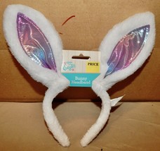 Easter Bunny Headband White Fuzzy With Light Rainbow Colors In Ear 261G - £1.95 GBP