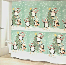 Christmas Fabric Shower Curtain Holiday Penguins and Trees 72x72" Avanti Linens - $39.08