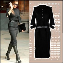 Victoria Beckham Designer Black Denim Executive Half Sleeved Midi Dress w/ Belt