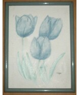 LYDIA COOPER BLUE TULIPS FLOWERS MIXED MEDIA PAINTING - $191.03