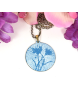FLORAL Blue White Dot ENAMEL on COPPER PENDANT Vintage Necklace Medallio... - €24,83 EUR