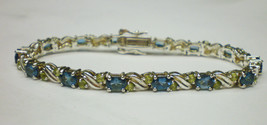 925 Sterling Silver 14 Blue Topaz 28 Green Peridot 7.5&quot; Bracelet 8.82 tcw 18.5g - £103.90 GBP