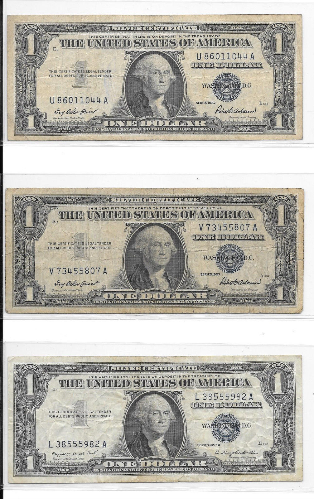 Three Blue Seal 1957 $ 1.00 Silver Certicates - #'s 5982, 1044, 5807 - $6.72