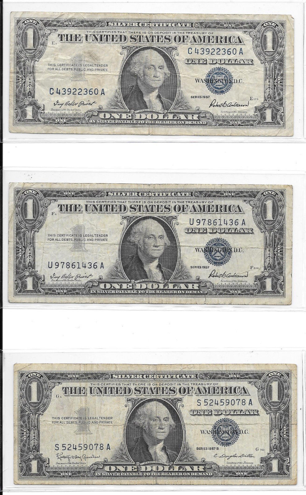 Three Blue Seal 1957 $ 1.00 Silver Certicates - #'s 2360, 1436, 9078 - $6.72