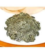 Round Floral Detailed Filigree Brooch Pin Heavy Patina Vtg Sterling Silv... - £52.82 GBP