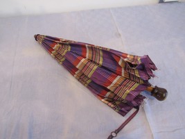 Vintage 21&quot; Acrylic Handle Wood Shaft Umbrella Purple Plaid Tartan - $44.58