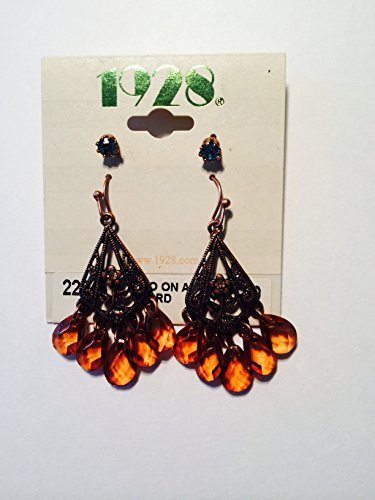 1928 Jewelry Antique Filigree Dangle Earring Set with Copper Crystals & Beads - $15.84