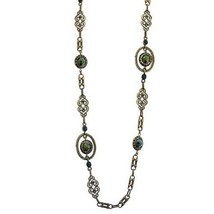 Ornate Brass Toned Long Necklace with Dark Blue Green Faceted Beads [Jewelry] - £67.25 GBP