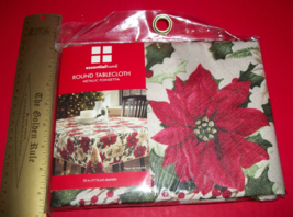 Home Holiday Table Cloth 70" Round Metallic Poinsettia Holly Linen Tablecloth - £11.38 GBP