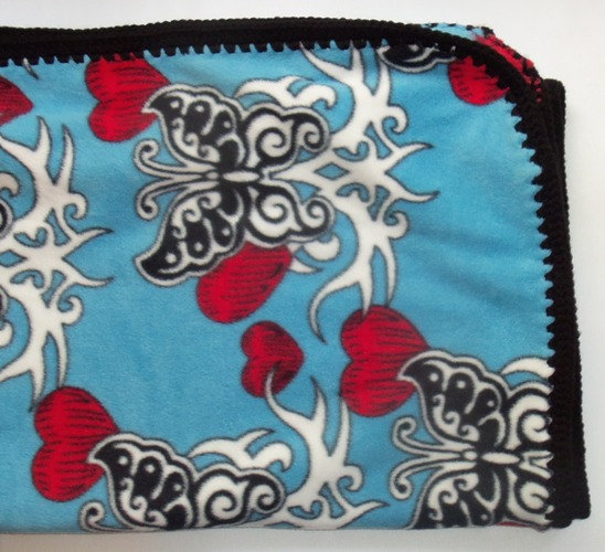 Crochet Edge Fleece Tribal Butterfly and Heart Fleece Blanket Throw - $45.00