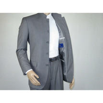 Men Apollo King Banded Collarless suit Mandarin 5 Button Wide leg M5-3 Gray New image 5