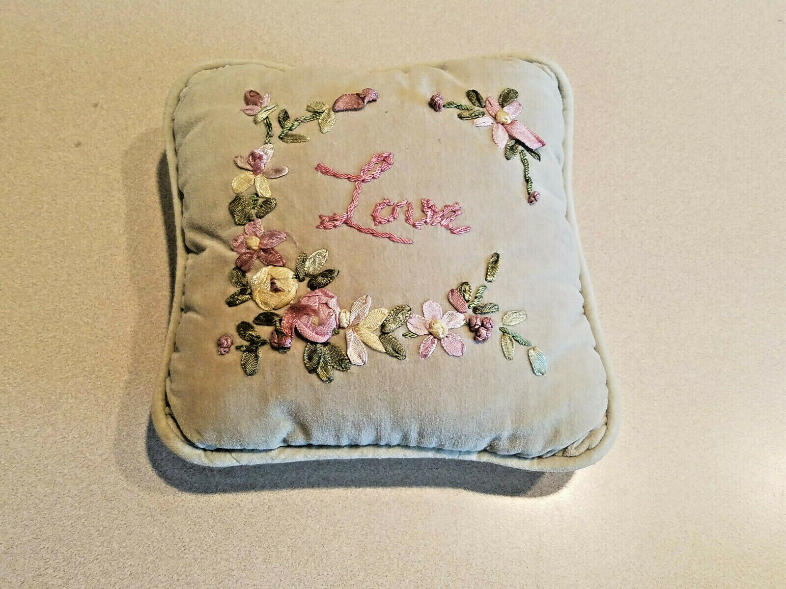 Vintage Green 6 1/2" Long Stitched Love Floral Pillow - £3.55 GBP