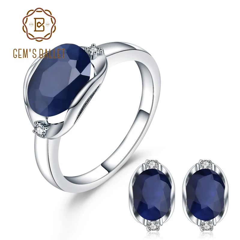 Natural Blue Sapphire Gemstone Ring Earrings Jewelry Set For Women 925 S... - £127.36 GBP