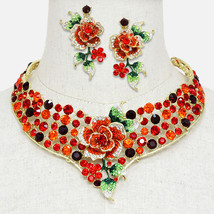 Multicolor Red Flower Crystal Princess Collar Necklace Bib Pendant Earri... - $52.99