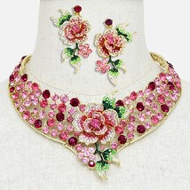 Multicolor Pink Flower Crystal Collar Necklace Bib Pendant Earring Set - £62.90 GBP