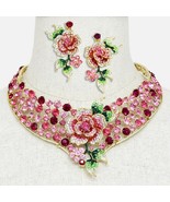 Multicolor Pink Flower Crystal Collar Necklace Bib Pendant Earring Set - $79.99