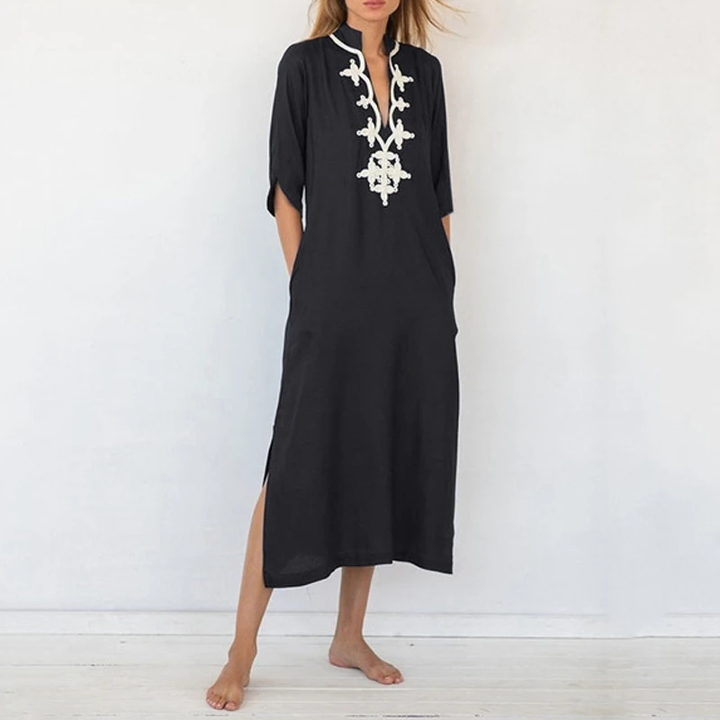 Navy Blue Elegant Dress Half Sleeve A-Line Shape Embroidery V-Neck Maxi Dresses  - $68.12