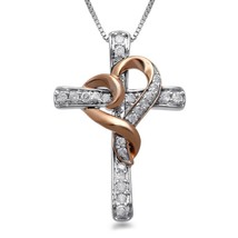 Christmas Sale Diamond 14K Two-Tone Gold Over Cross with Heart Pendant Necklace - £51.47 GBP