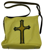 Leather Purse with Studded Religious Cross Crossbody Bag Chartreuse Yellow - $32.33