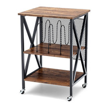 3 Tiers Vintage Style Rolling End Table with 3 Dividers for Albums-Brown - Color - £62.38 GBP