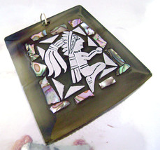 Vintage Mexico Sterling Abalone Inlay Carved Horn Big Pendant Necklace  - £29.89 GBP