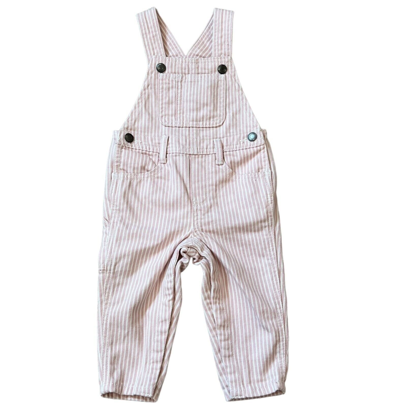 Old Navy Pink &amp; White Stripe Girls Overalls Denim 12-18 Months - $11.52