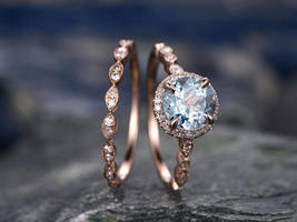3Ct Round Cut Blue Aquamarine Vintage Halo Engagement Ring 14K Rose Gold Finish - £79.81 GBP